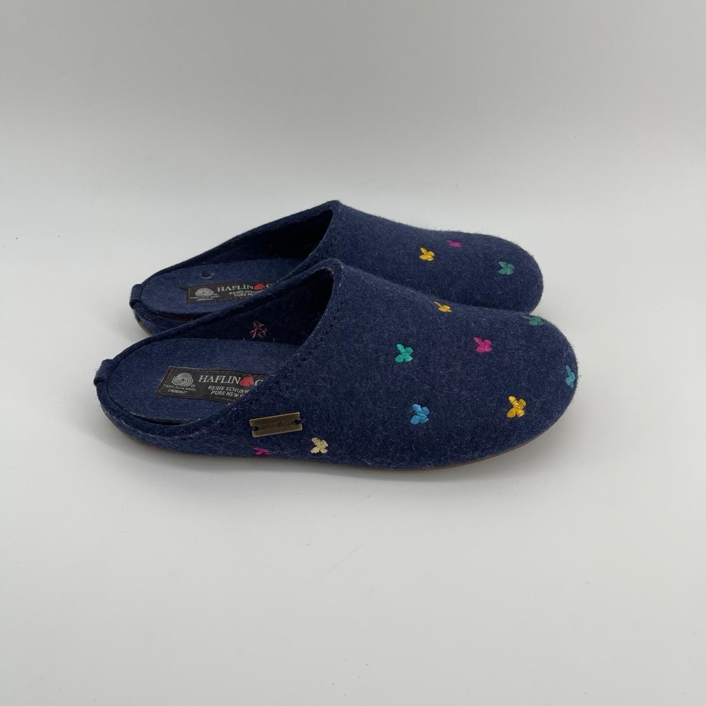 Haflinger Women's Wool Felt Slippers Size 38 Navy Butterfly Pure New Wool
